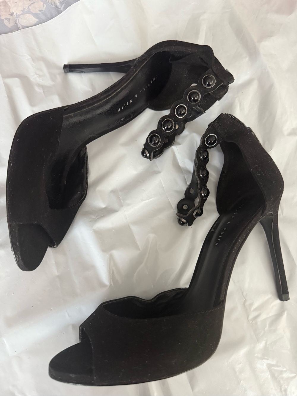 Women's Black Open-Toe Heels with Decorative Ankle Strap